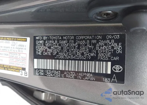 2004 Toyota Camry Le/Se/Std/Xle z USA, uszkodzony, nr VIN JTDBE32K840255219
